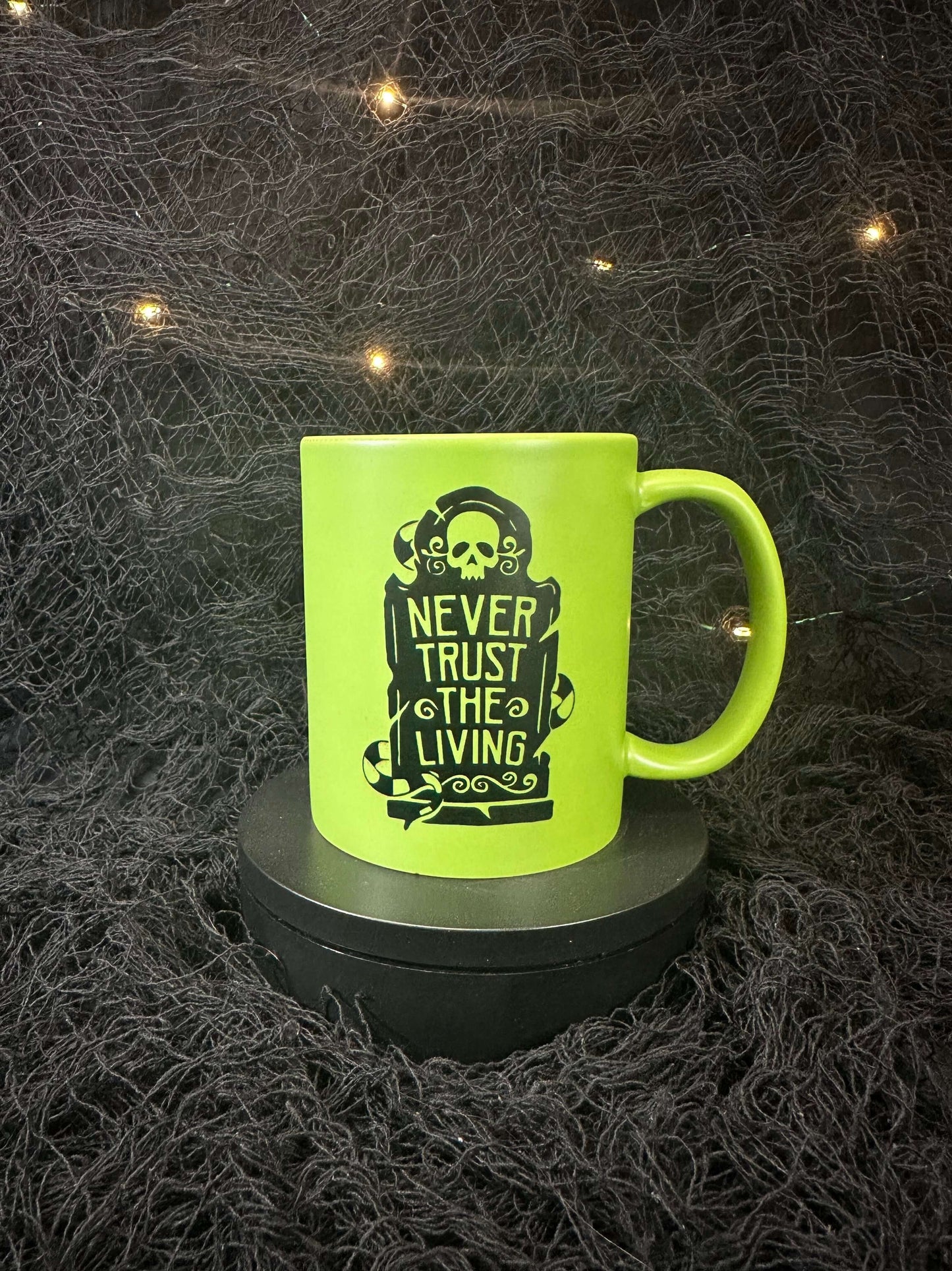Never Trust The Living Beetlejuice Themed Coffee Mug, Matte Green Ceramic 11 oz