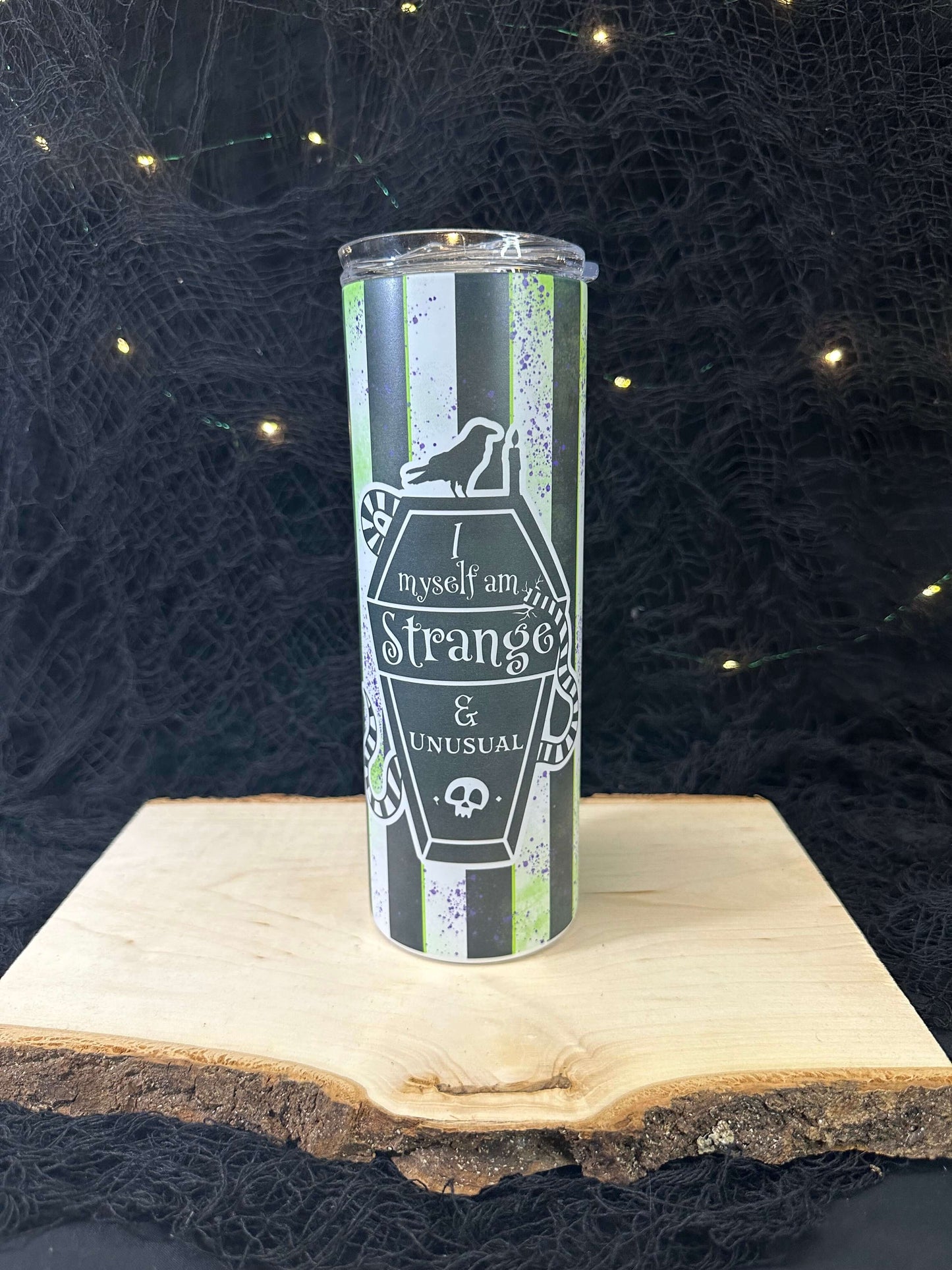 I myself am strange & Unusual Beetlejuice 20 oz Skinny Tumbler (GLOWS IN DARK)