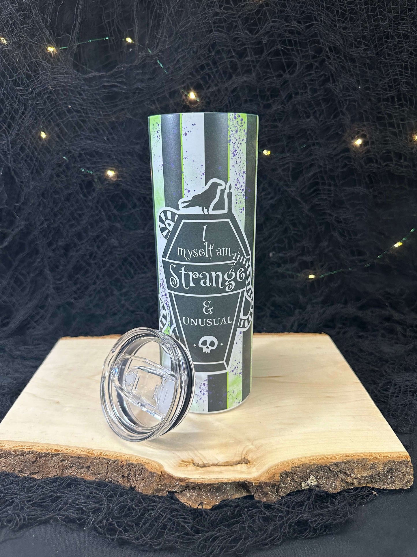 I myself am strange & Unusual Beetlejuice 20 oz Skinny Tumbler (GLOWS IN DARK)