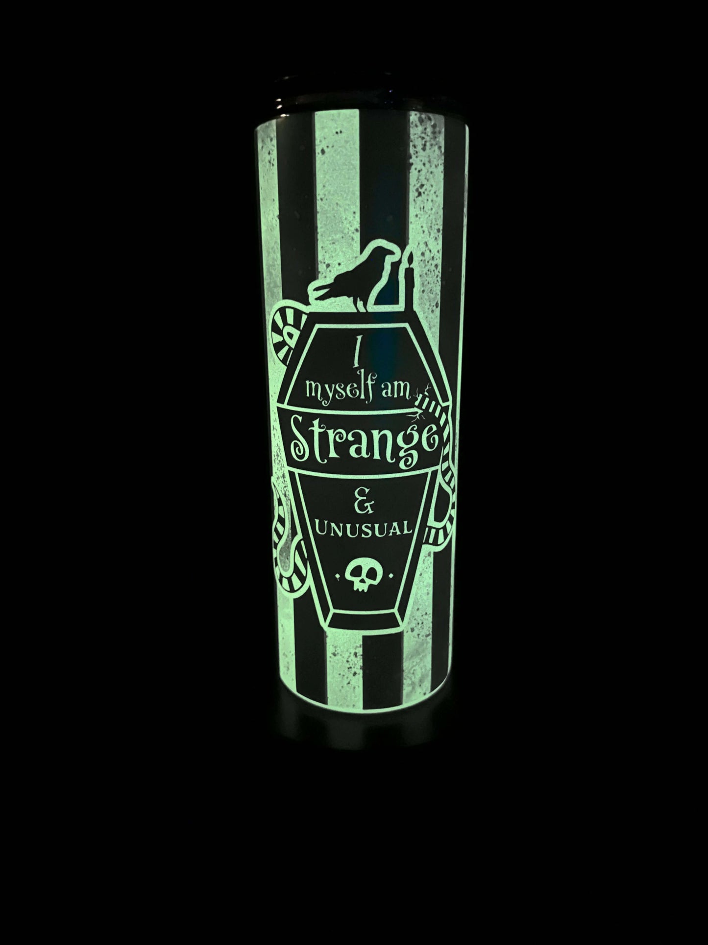 I myself am strange & Unusual Beetlejuice 20 oz Skinny Tumbler (GLOWS IN DARK)