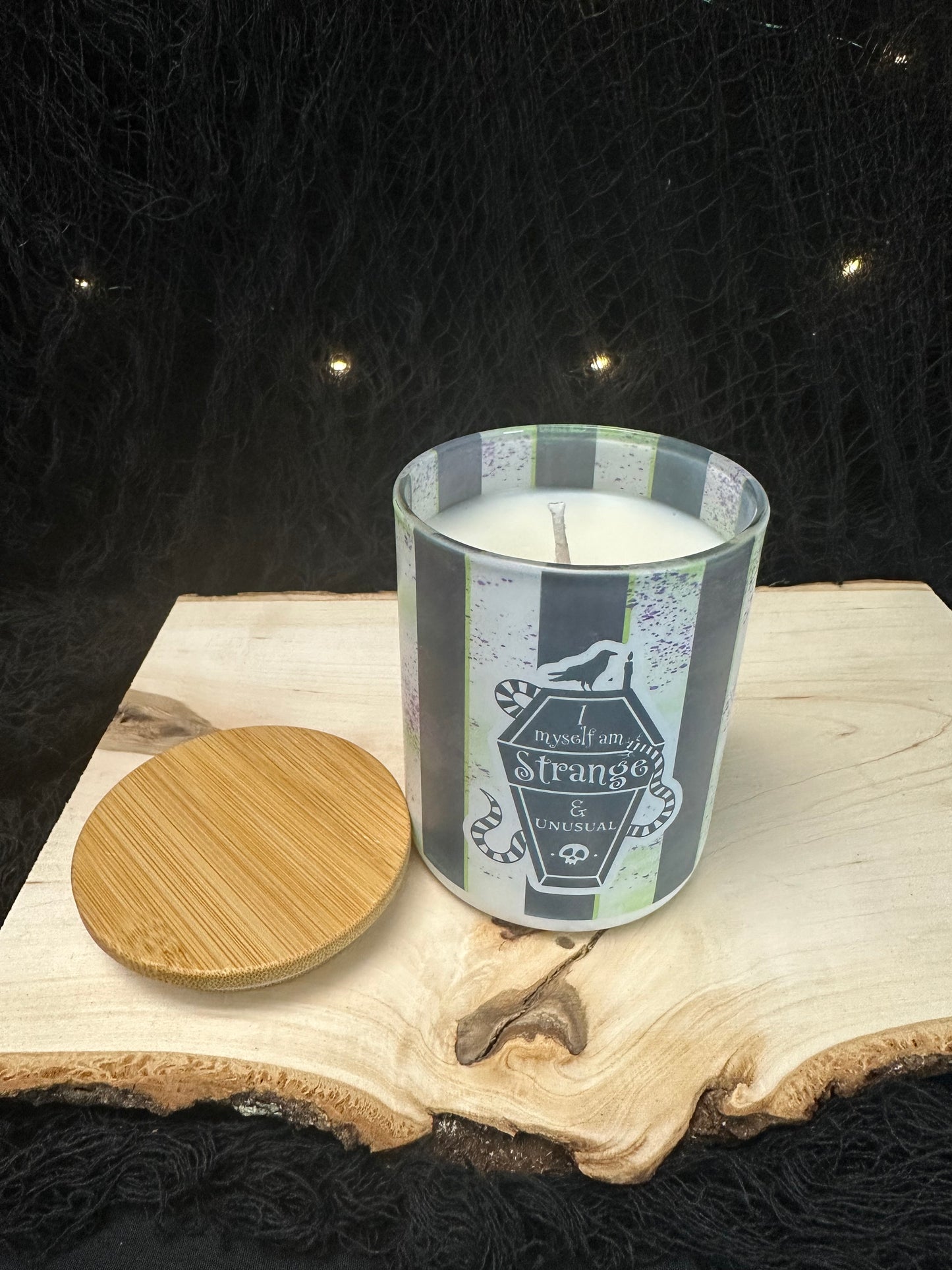 Beetlejuice Inspired 10 oz sublimated glass Jar with organic soy container candle and lid