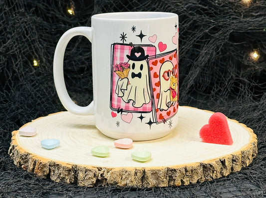 Valentines Day Spooky Mug, White Glossy Ceramic 15 oz, Funny Halloween Ghost, Gifts for her, Creepy Goth, Cute Mug Gift, Single Friend Gift