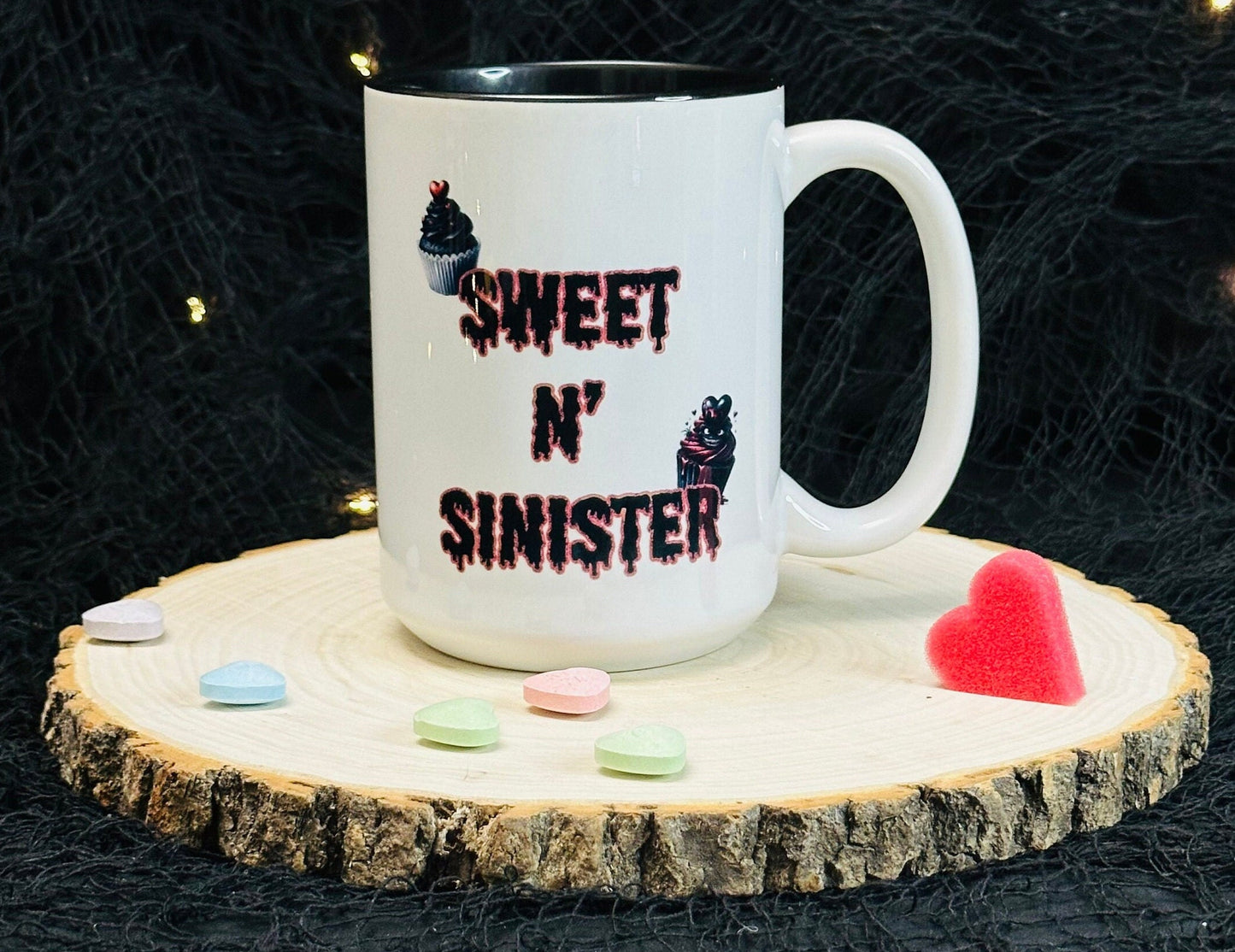 Spooky White Cupcake Coffee Mug, Glossy Ceramic 15 oz, Gifts for her, Creepy Goth, Cute Valentine Mug, Elegant Gothic Horror Gift Cup