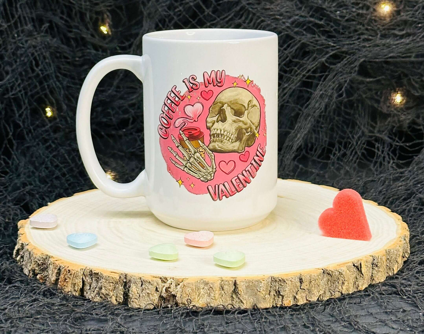 Valentines Day Spooky Mug, White Glossy Ceramic 15 oz, Gifts for her, Creepy Goth, Skulls, Single Friend Gift, Coffee is my Valentine Mug