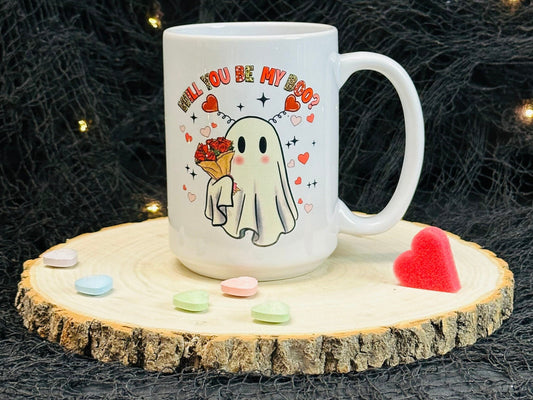 Valentines Day Spooky Mug, White Glossy Ceramic 15 oz, Halloween Ghost, Gifts for her, Creepy Goth, Cute Valentine Mug, Single Friend Gift