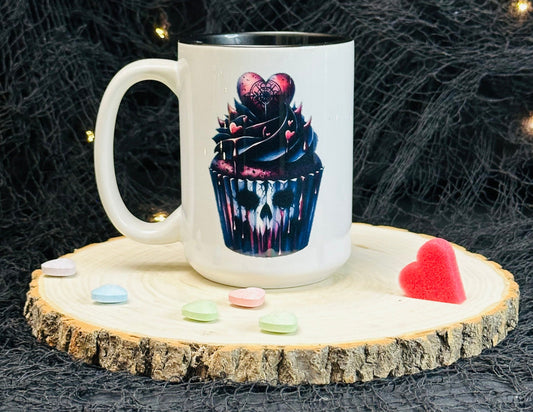 Spooky White Cupcake Coffee Mug, Glossy Ceramic 15 oz, Gifts for her, Creepy Goth, Cute Valentine Mug, Elegant Gothic Horror Gift Cup