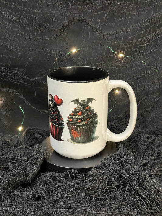 Spooky White Cupcake Coffee Mug, Glossy Ceramic 15 oz, Gifts for her, Creepy Goth, Cute Valentine Mug, Elegant Gothic Horror Gift