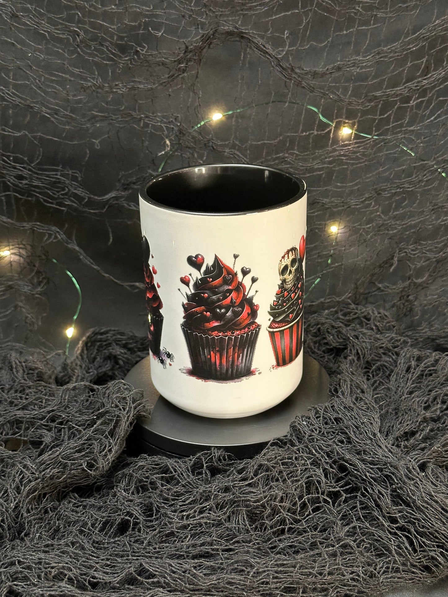 Spooky White Cupcake Coffee Mug, Glossy Ceramic 15 oz, Gifts for her, Creepy Goth, Cute Valentine Mug, Elegant Gothic Horror Gift