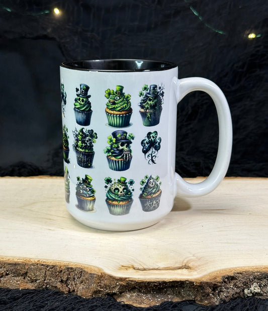 St Patricks Day Checkered Spooky Green Cupcake Coffee Mug, Glossy Ceramic 15 oz, Gifts for her, Creepy Goth, Valentine, Elegant Gothic