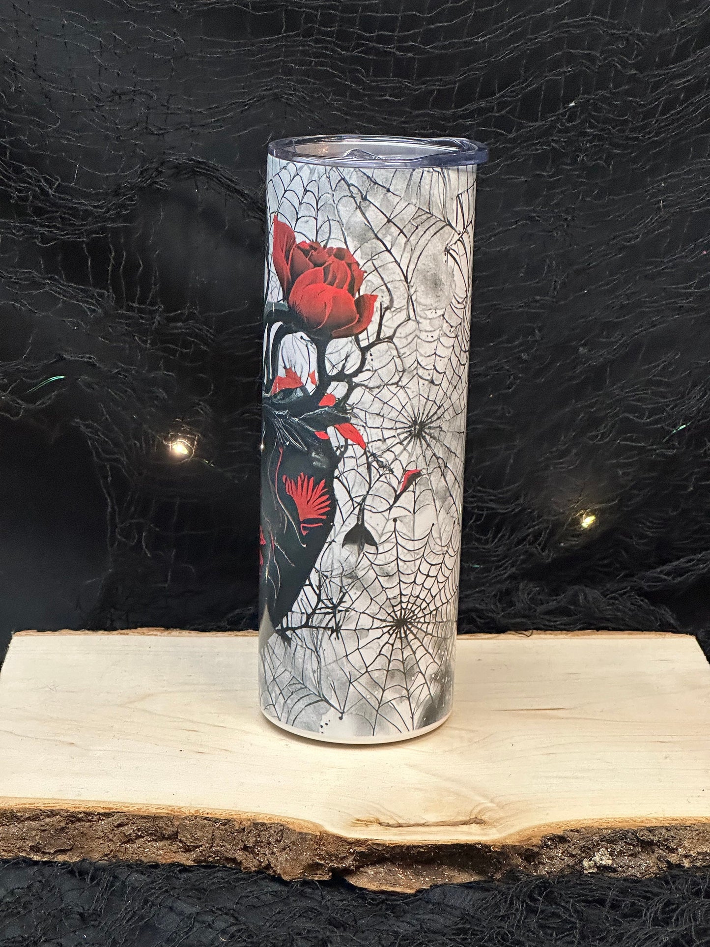 Spooky Black Heart Rose 20oz Tumbler with Spiderwebs Black and Red