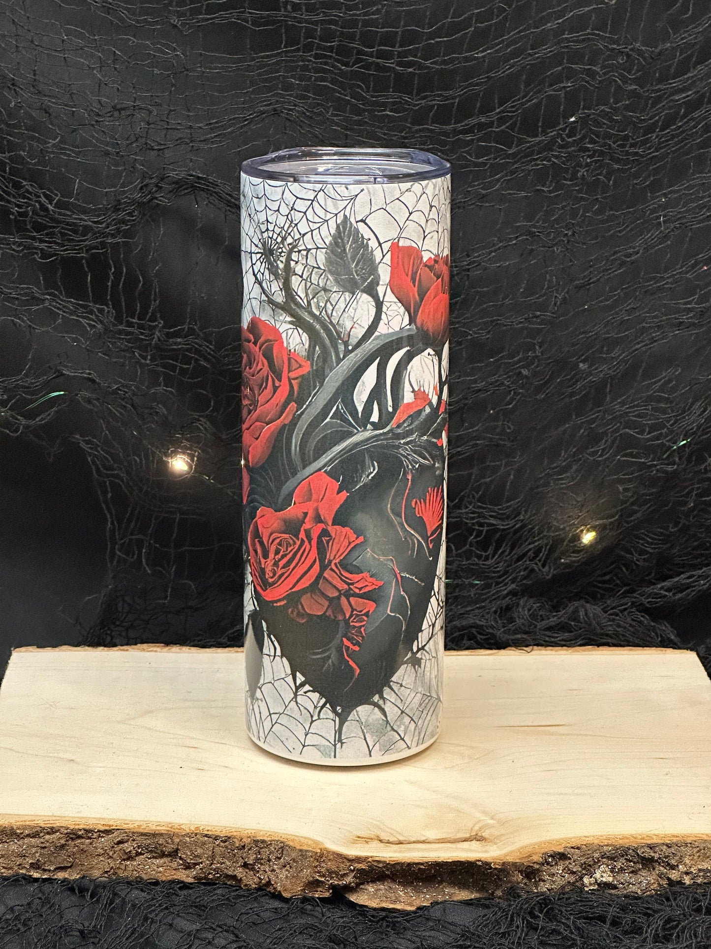 Spooky Black Heart Rose 20oz Tumbler with Spiderwebs Black and Red