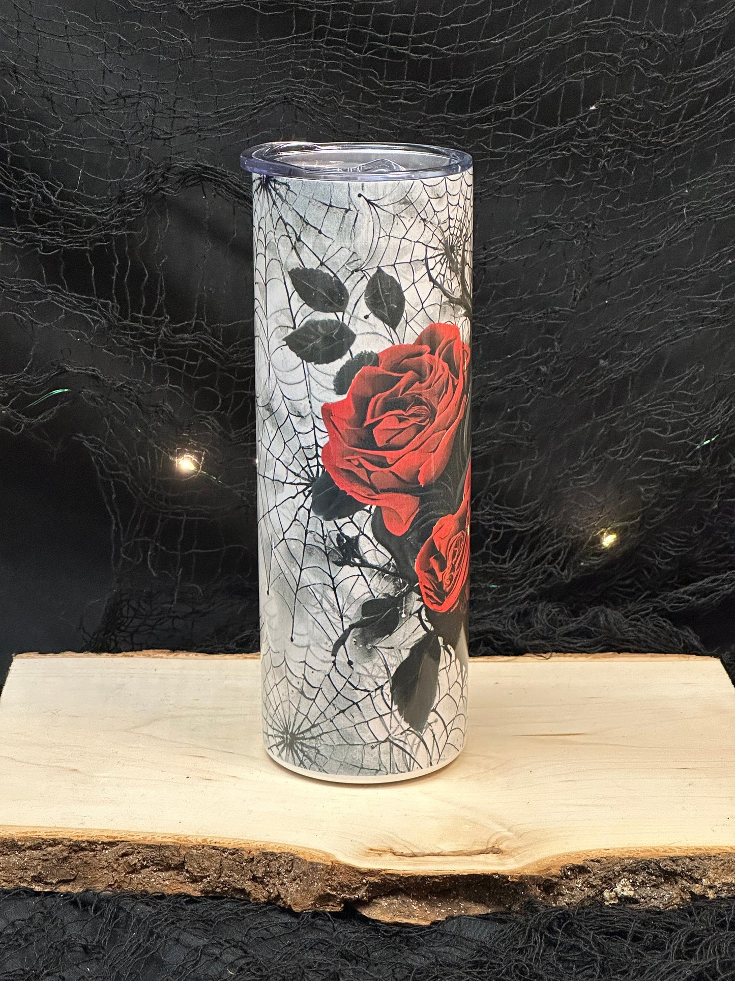 Spooky Black Heart Rose 20oz Tumbler with Spiderwebs Black and Red